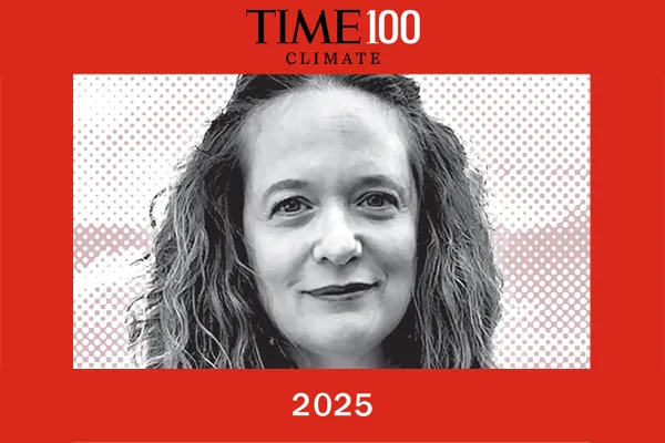small photo of our director framed in red with the words TIME100 Climate 2025
