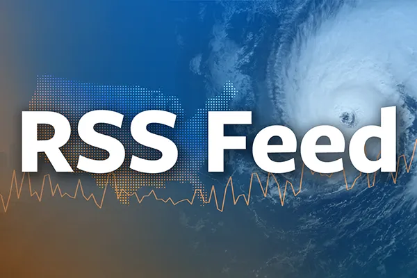 small thumbnail image that says RSS Feed over a blue background image that contains a satellite hurricane image and a line graph