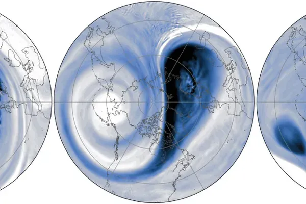 small image of a series of globes focused on the Arctic with swirling blue and grey data patterns