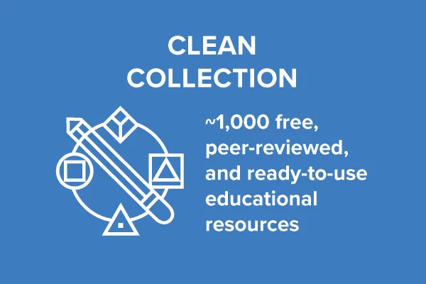 small image of white text on a blue background that says: Clean Collection, ~1000 free, peer-reviewed, and ready to use education resources