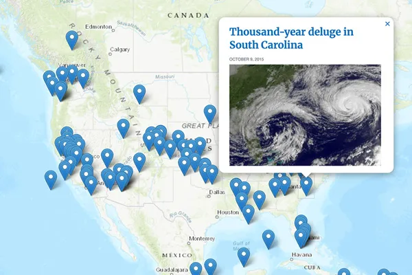 small image of an interactive map of the CONUS with blue location markers spread across it. One marker has been clicked on and it's showing a satelite image of a hurricane off the east coast of the US with the headline, Thousand-year deluge in South Carolina