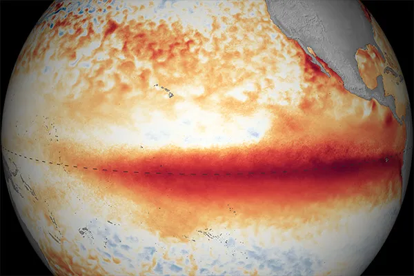 small image of a globe, focused on the equatorial Pacific, showing sea surface temperature anomalies in a typical El Nino pattern
