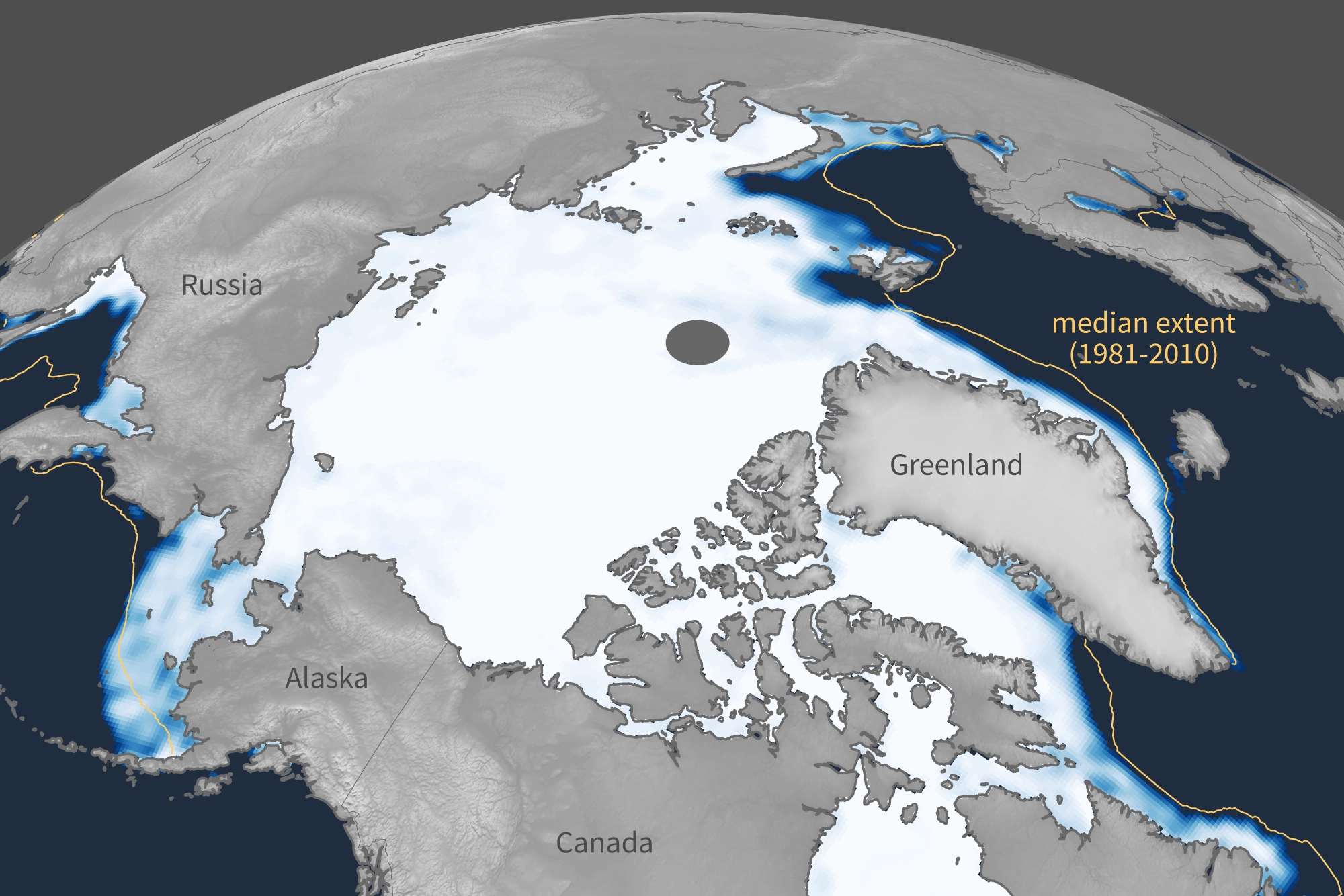 Map of Arctic Ocean showing sea ice extent at 2026 winter maximum was smaller than the 1981-2010 median