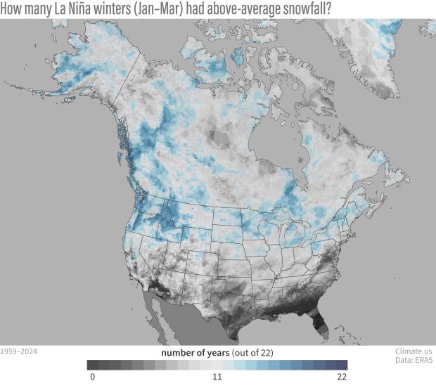 Map of North America showing places where La Niña favors snowy winters in shades of blue and where it favors less-snowy winters in shades of grey.