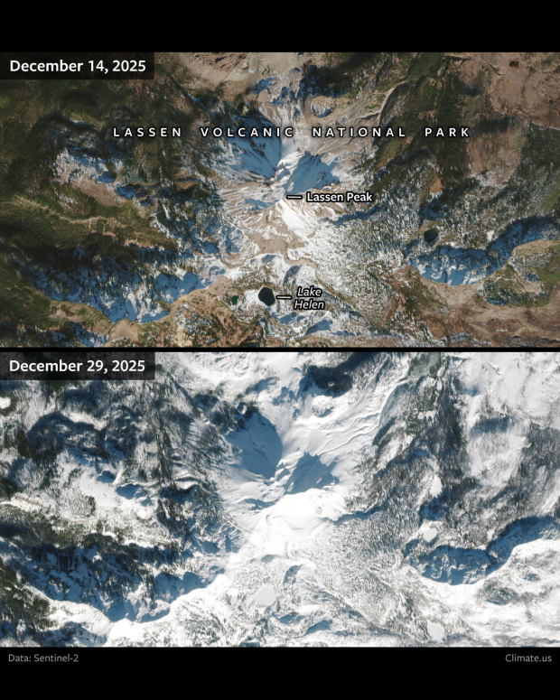 Pair of Sentinel-2 satellite images capturing the snowy transformation of Lassen Volcanic National Park between December 14 (top) and 29 (bottom).