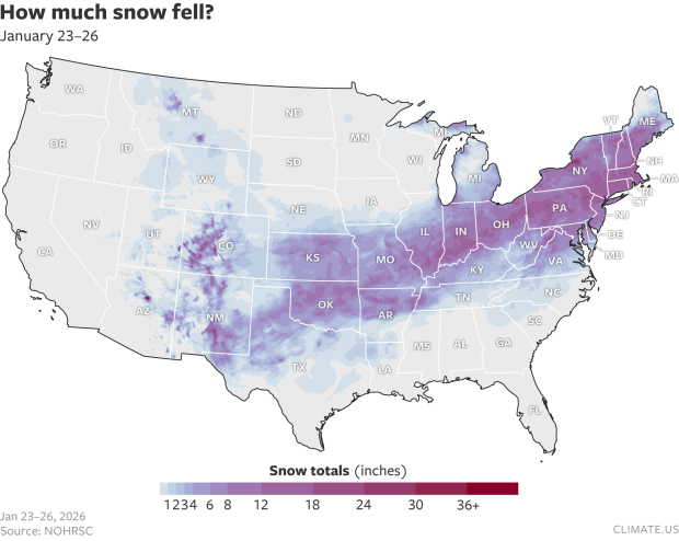 Map of the continental United States showing how much snow fell from January 23-26, 2026.