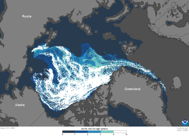 Map of age of Arctic sea ice on March 25, 2000.